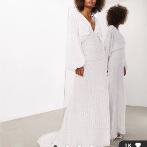 ASOS DESIGN Lennox sequin blouson sleeve wedding dress with train in ivory